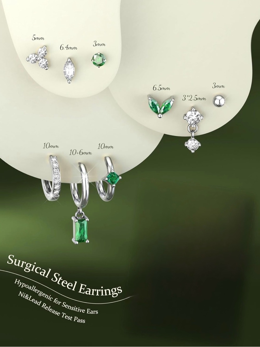 9 pairs silver plated steel hoops and flat back earrings - silver and emerald cz - Picture 3 of 5